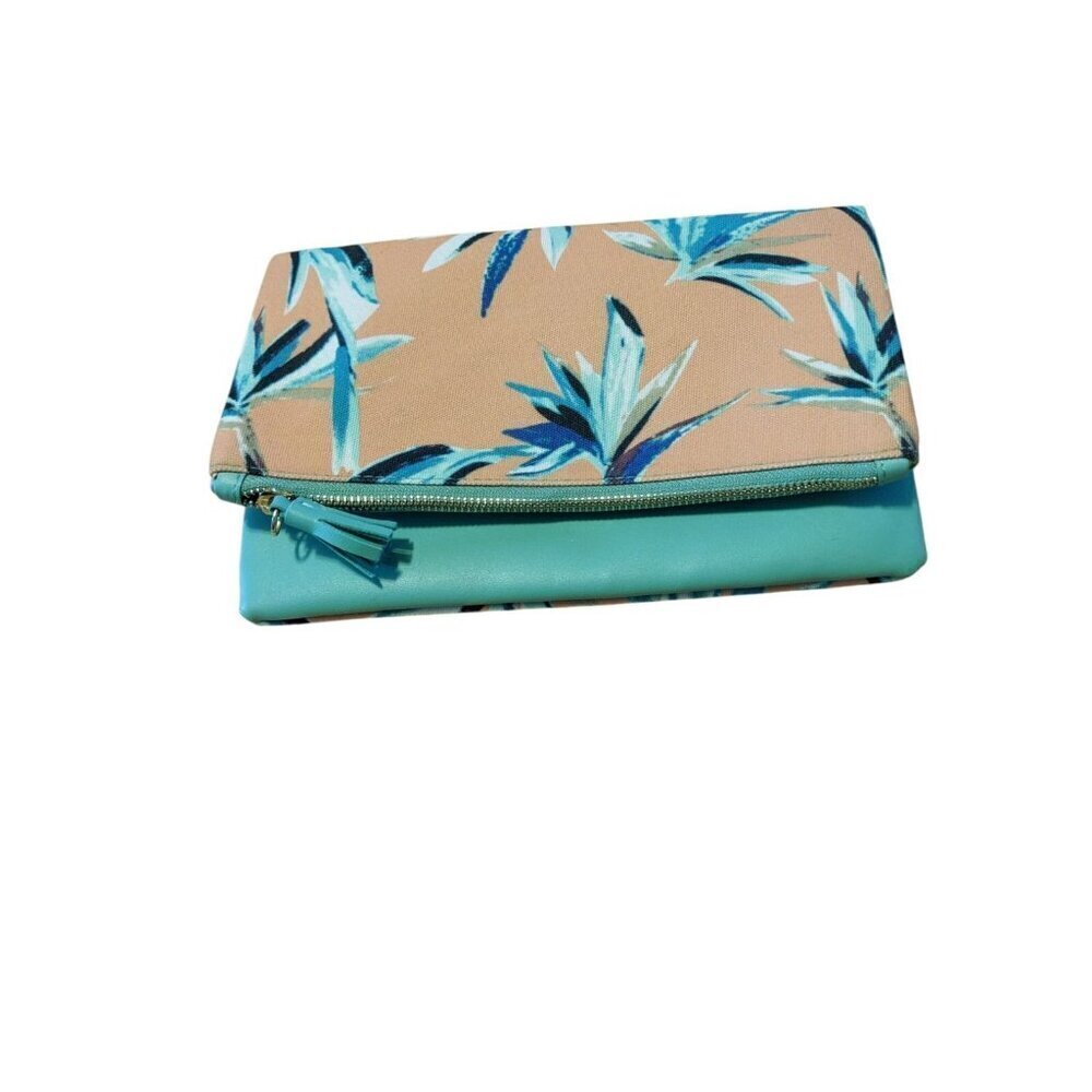 Rachel Pally Reversible Foldover Clutch Bag Coral Mint Floral Print Tassel Zip